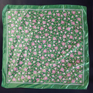 Vintage Fashion Scarf GREEN WITH PINK FLORAL Luxurious Satin 19" SQUARE